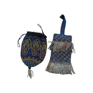 Beaded  Woven Drawstring Pouch Lot 2 Unique Bags Fringed & Patterned Small Vinta